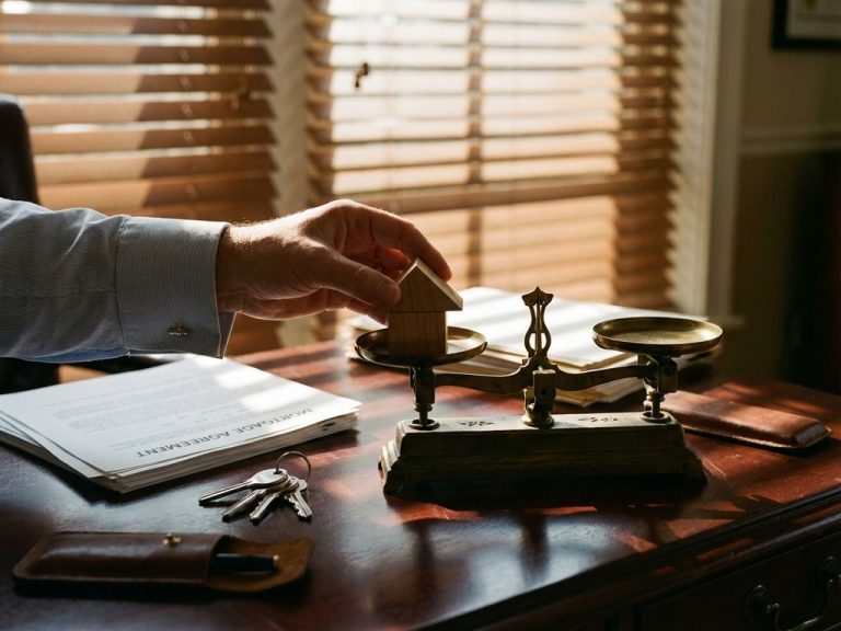 Zakenman plaatst houten huisblok op weegschaal met hypotheekdocumenten en sleutels op bureau