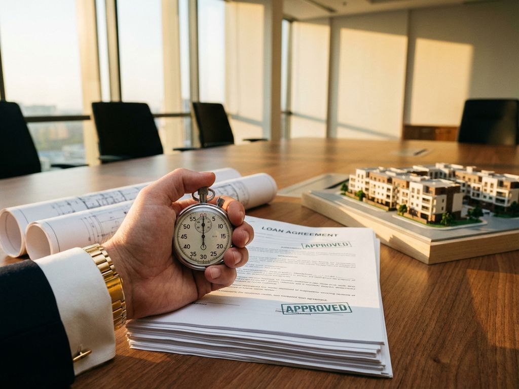 Zakenman houdt stopwatch boven stapel goedgekeurde leningdocumenten en blauwdrukken op modern kantoorbureau