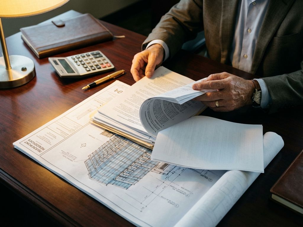 Vastgoedontwikkelaar bestudeert financiële documenten en bouwplannen op bureau met calculator en pen