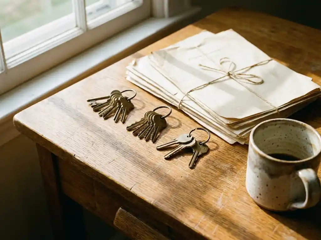 Drie sets messing huissleutels met eigendomsdocumenten op een verweerd houten bureau in warm ochtendlicht.