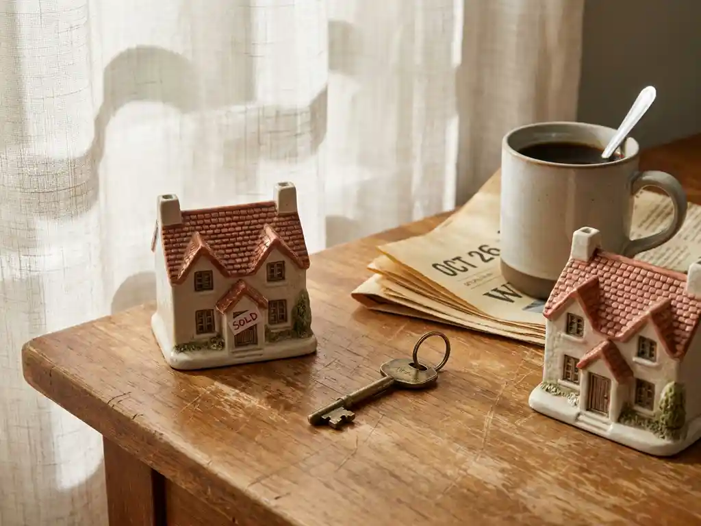 Messing huissleutel op houten tafel tussen twee modelwoningen, waarvan één met een verkocht-sticker, naast een krant en koffiekop in warm ochtendlicht.