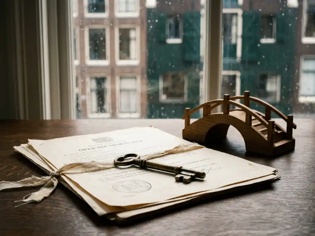Messing skeletsleutel op een stapel hypotheekdocumenten naast een houten brugmodel op een eikenhouten bureau, Hollands grachtenpand zichtbaar door regenachtig raam.