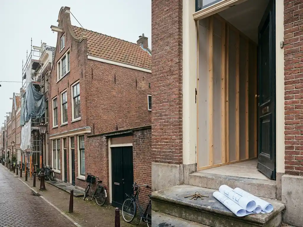 Verweerde roodstenen grachtenpand met bouwsteigers, sleutels en bouwtekeningen op de stoep, zichtbare tussenwand door open voordeur.